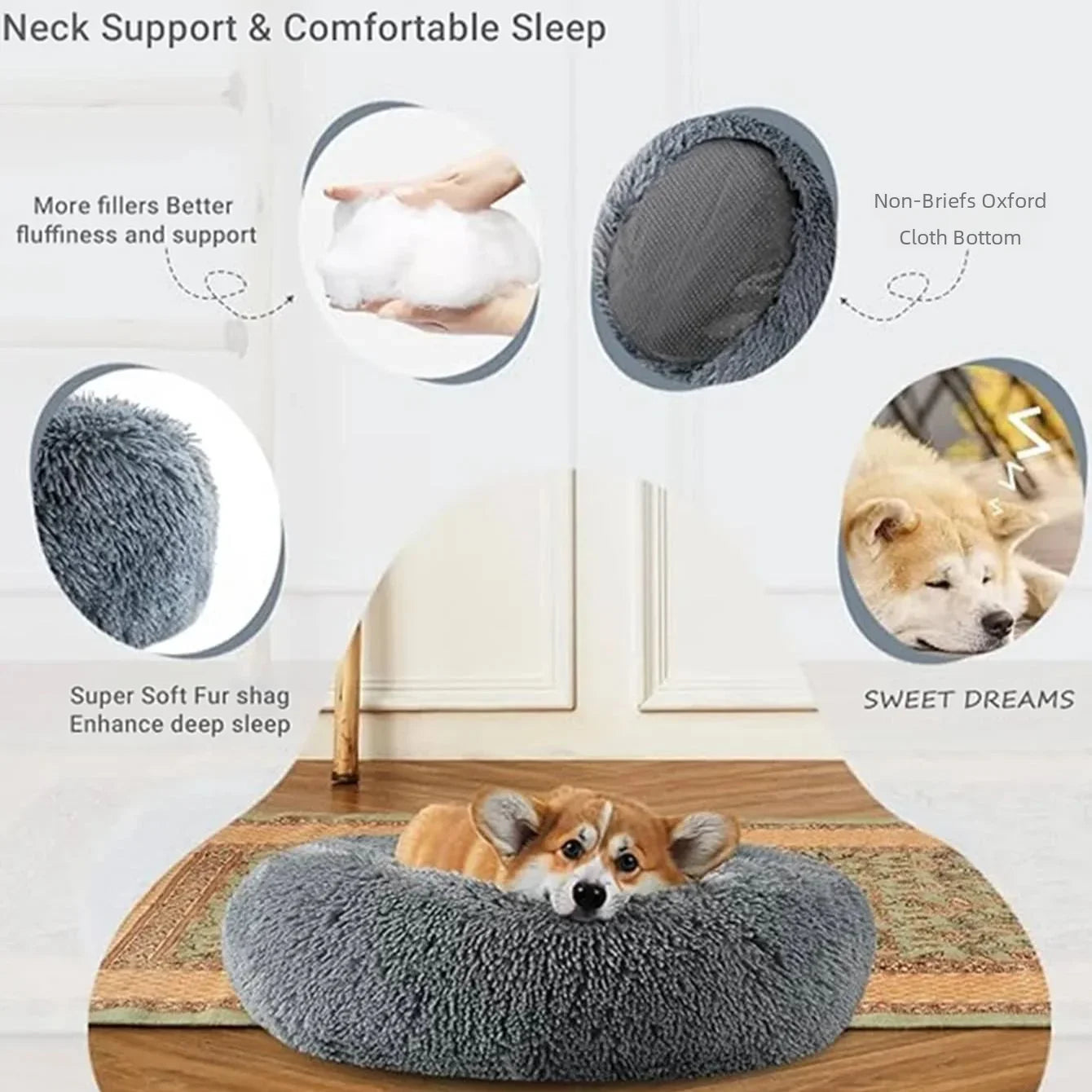 Lit rond en peluche super doux pour animaux de compagnie, lit de 40cm à 90cm
