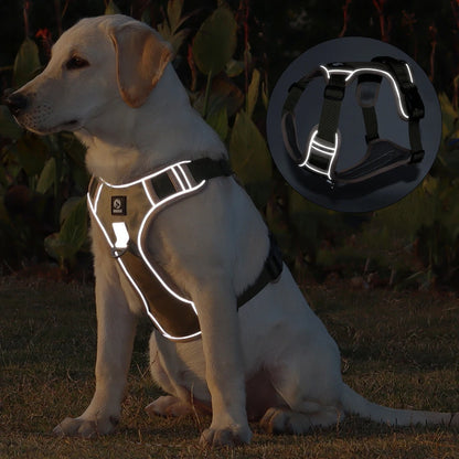 Harnais réfléchissant pour chien sans traction au cou. Harnais réglable, sans traction avec la sangle à la poitrine. Idéal pour la marche pour petits, moyens et grands chiens.