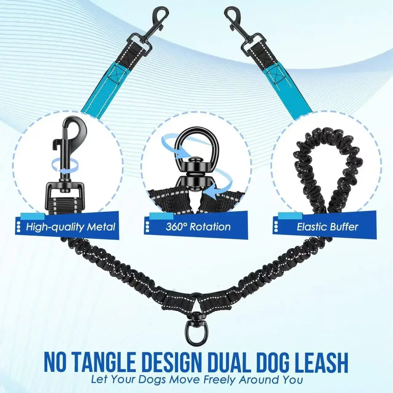 Laisse de chien double avec deux embouteillages supplémentaires, tour à 360, pas d'enchevêtrement.
